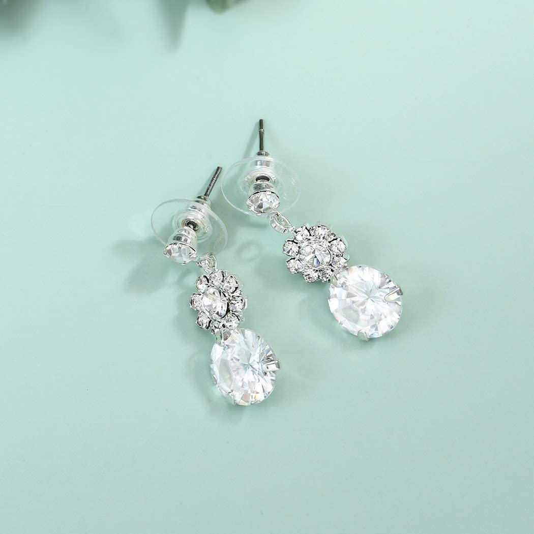 Aukmla Bride Wedding Necklace Earrings Set Silver Rhinestones Necklaces Bridal Crystal Jewelry Accessories for Women and Girls (Set of 3) - Image 8